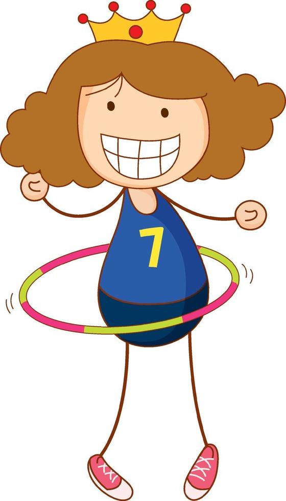 Cute girl playing hula hoop cartoon character in hand drawn doodle style isolated vector