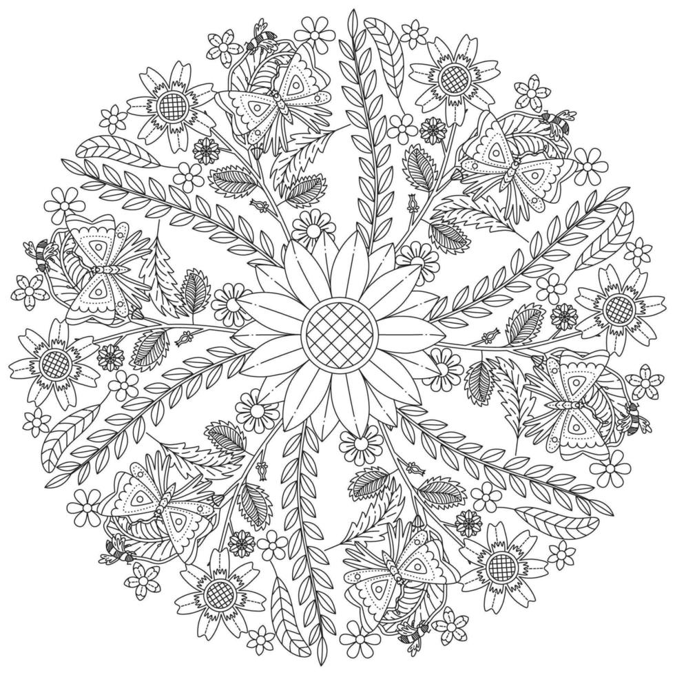 patrón floral circular en forma de mandala, adorno decorativo en estilo oriental, fondo de diseño de mandala ornamental con enredaderas pájaros y mariposas vector libre y mariposas vector gratuito