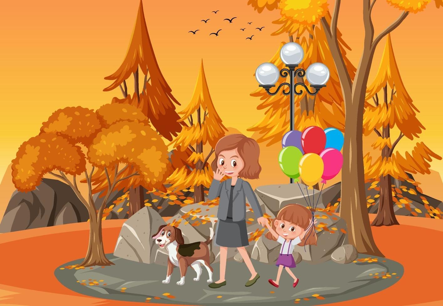 Park scene at sunset time with mother and daughter vector