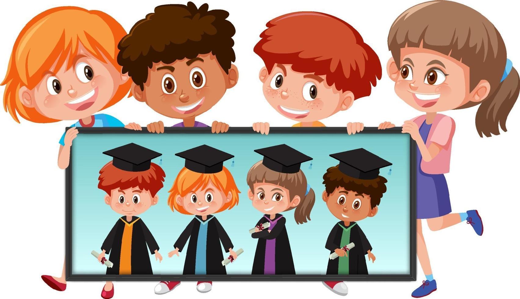 muchos niños sosteniendo su foto de graduación vector