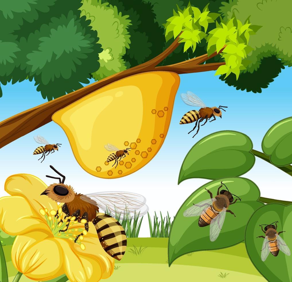 Cerrar escena con muchas abejas y colmenas. vector