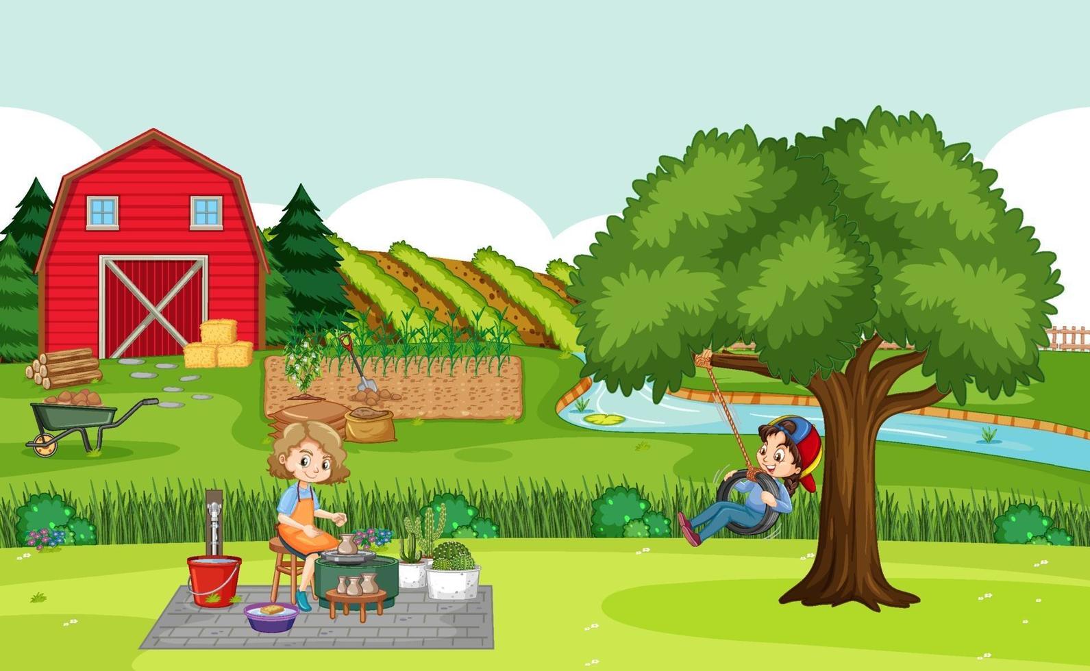 Happy family in farm scene with red barn in field landscape vector