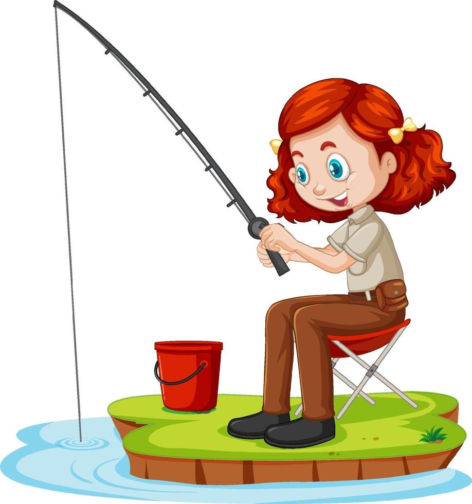 A girl cartoon character sitting and fishing on white background vector