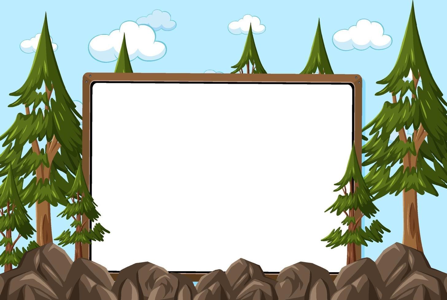 Empty board on sky background with many pine trees vector