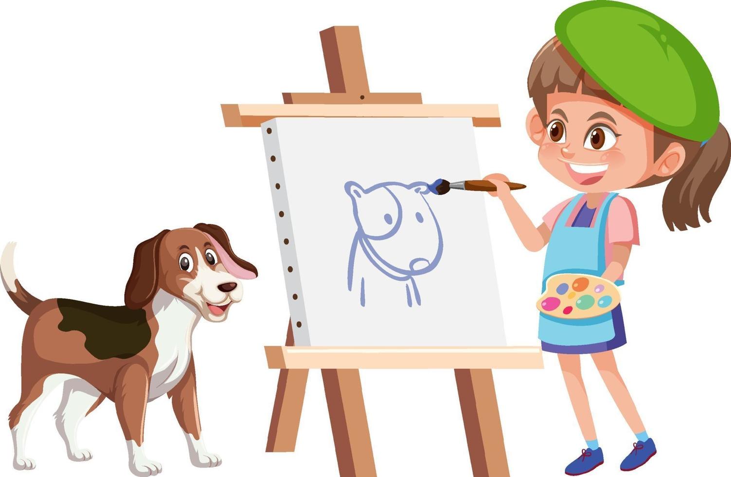 Una niña pintando un cuadro de perro aislado sobre fondo blanco. vector