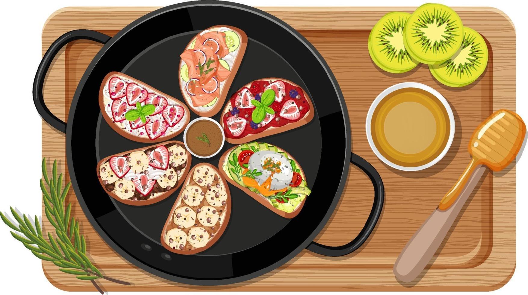 Breakfast set in the pan with cutting board vector