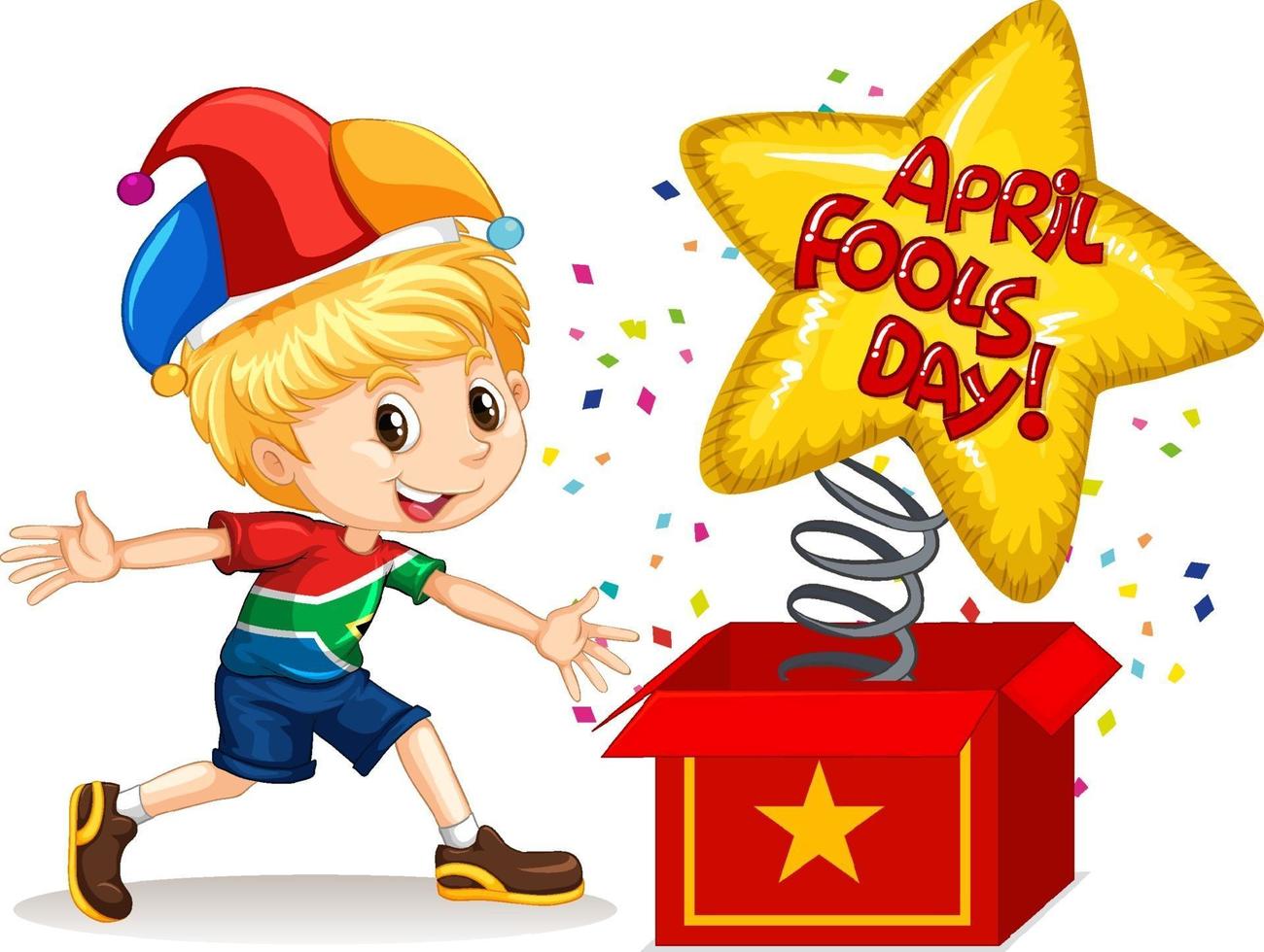 A boy wearing jester hat with April Fool's Day font from surprise box vector