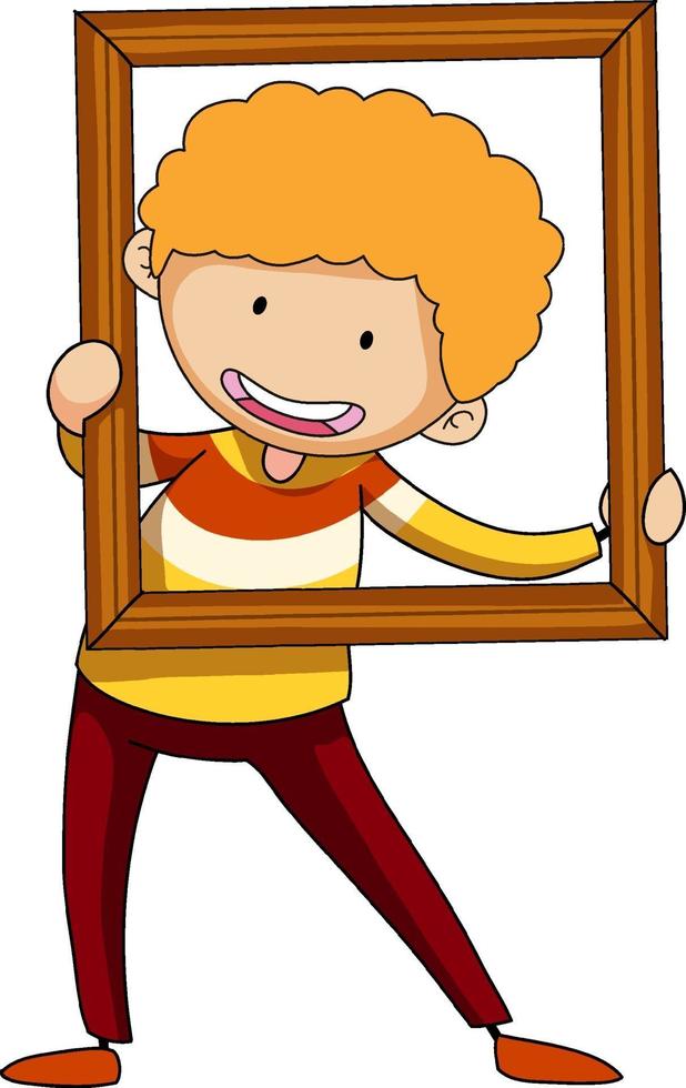 A boy holding wooden picture frame doodle cartoon character vector
