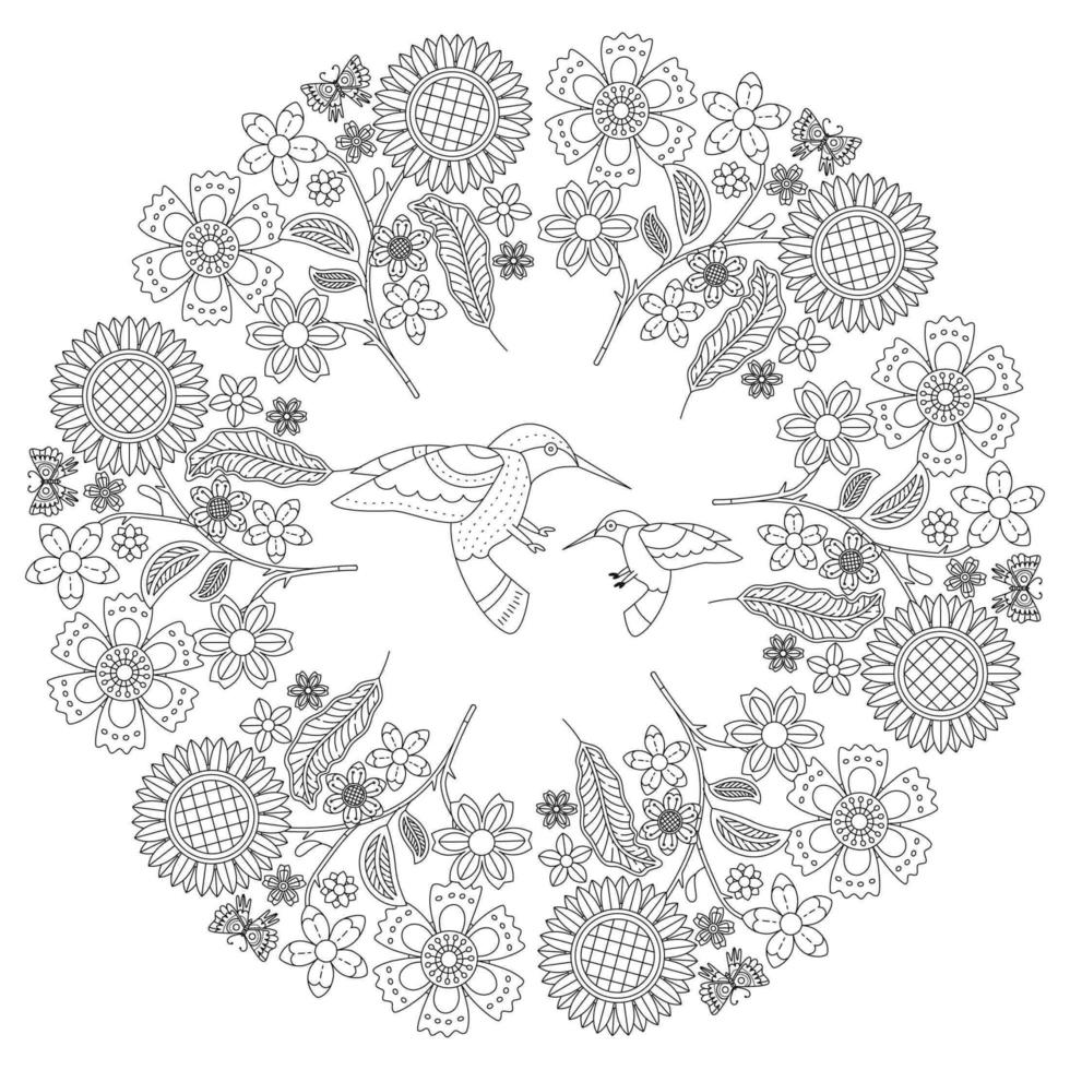 patrón floral circular en forma de mandala, adorno decorativo en estilo oriental, fondo de diseño de mandala ornamental con enredaderas, pájaros y mariposas vector gratuito