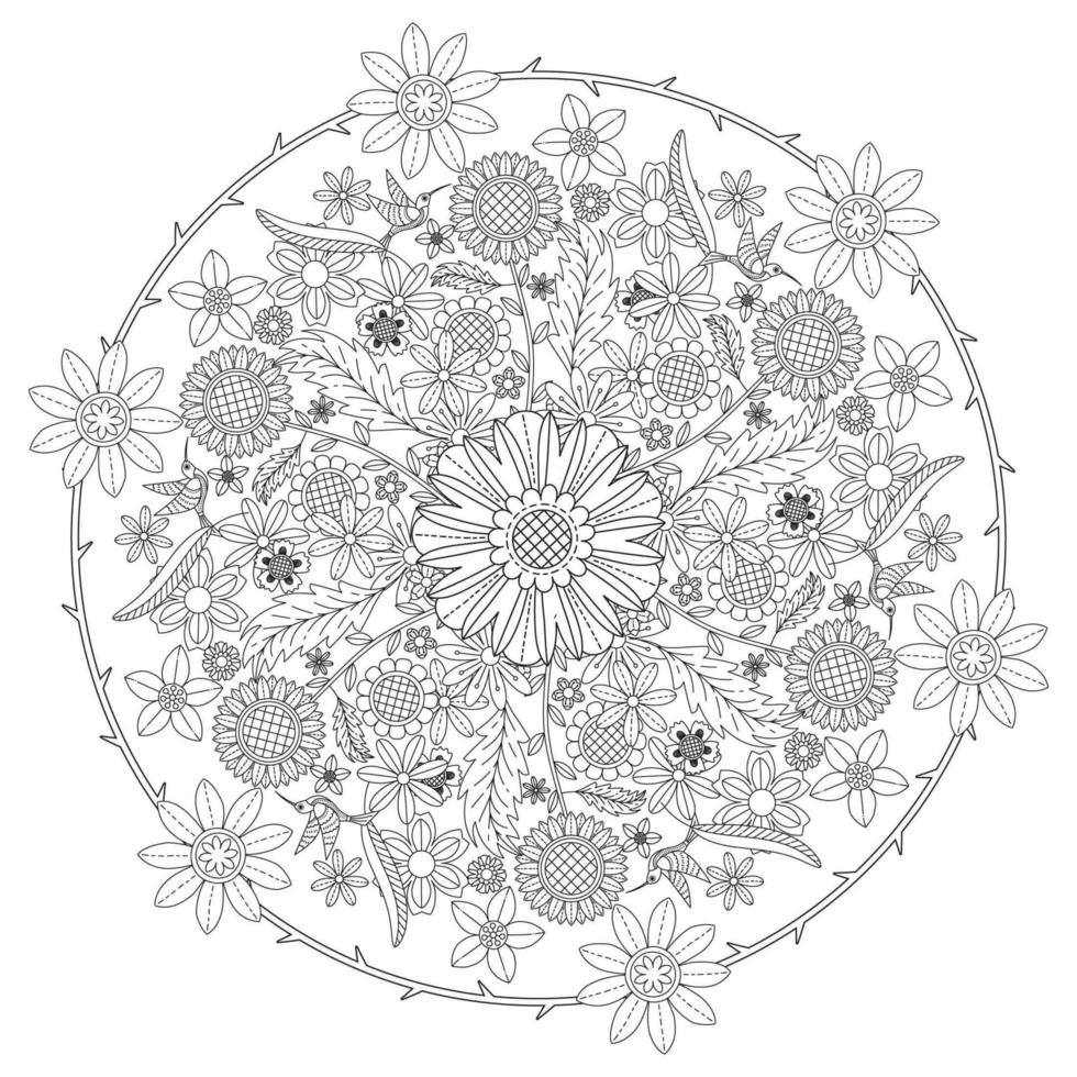 patrón floral circular en forma de mandala, adorno decorativo en estilo oriental, fondo de diseño de mandala ornamental con enredaderas, pájaros y mariposas vector gratuito