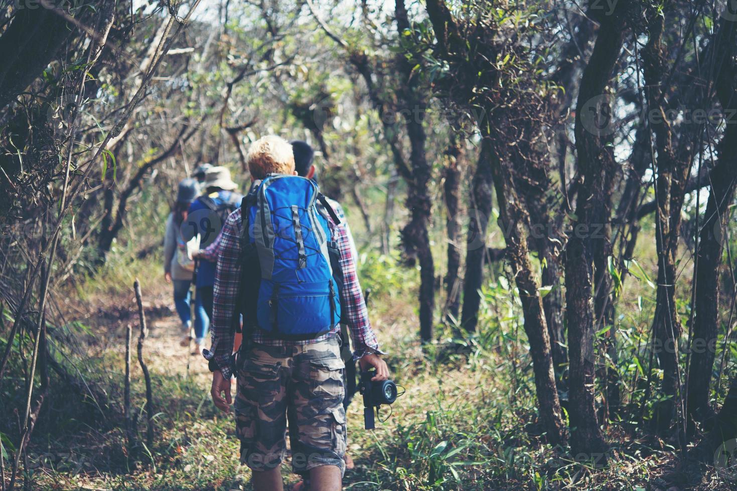 Close-up of friends walking with backpacks in woods from back photo