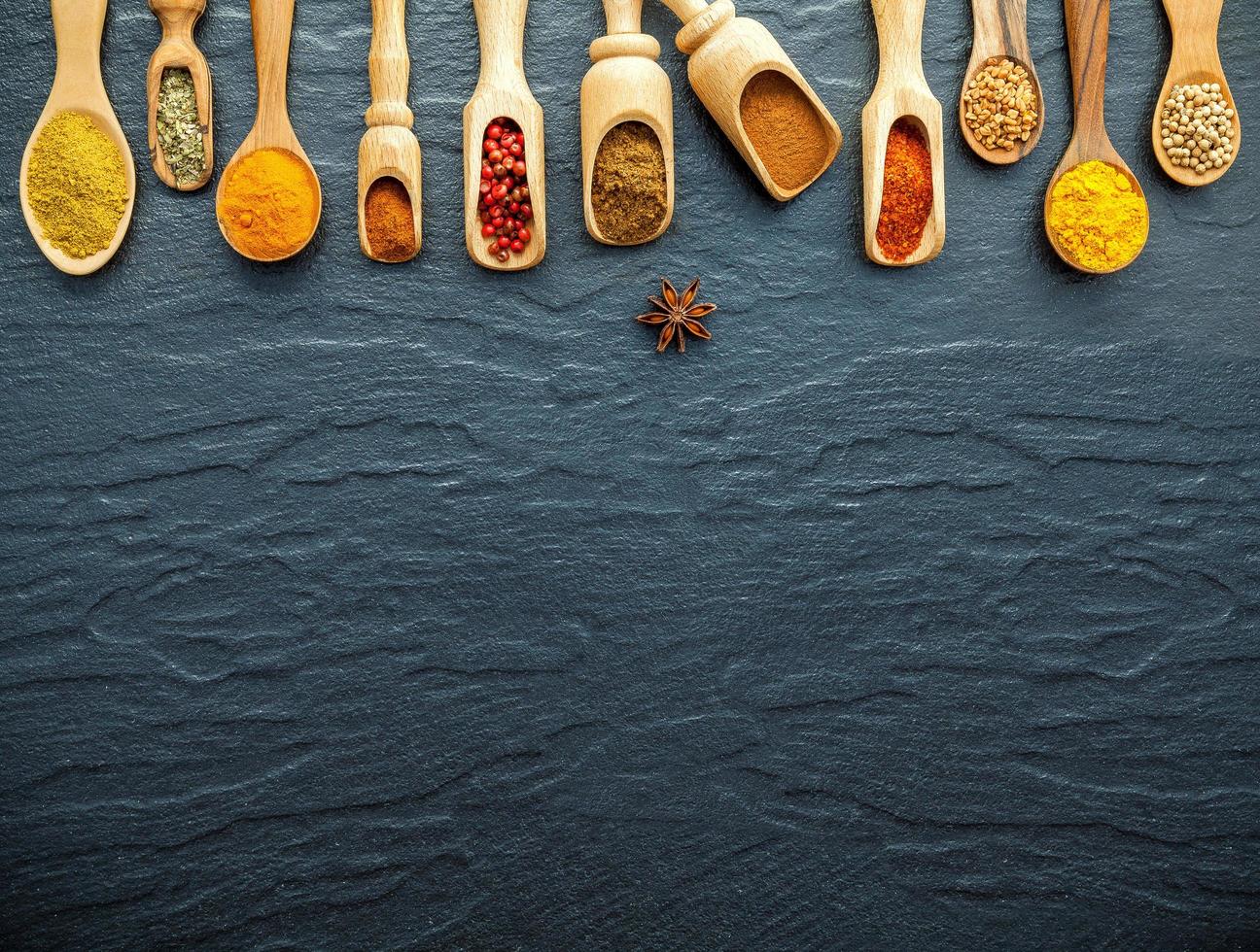 Spices in spoons with copy space photo