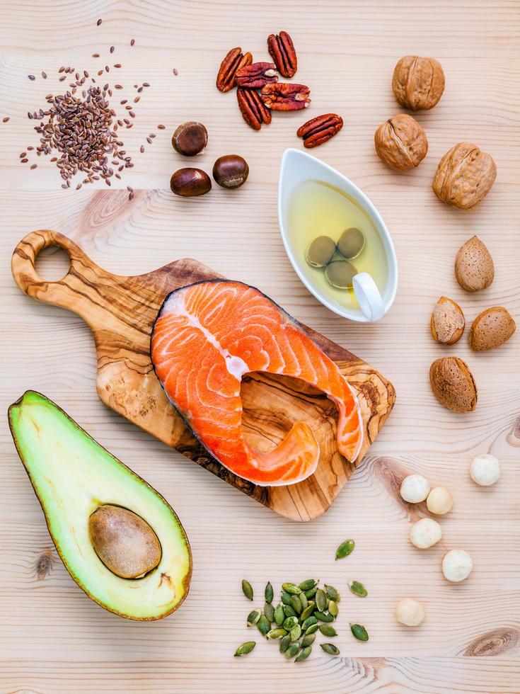 Healthy foods on a brown background photo