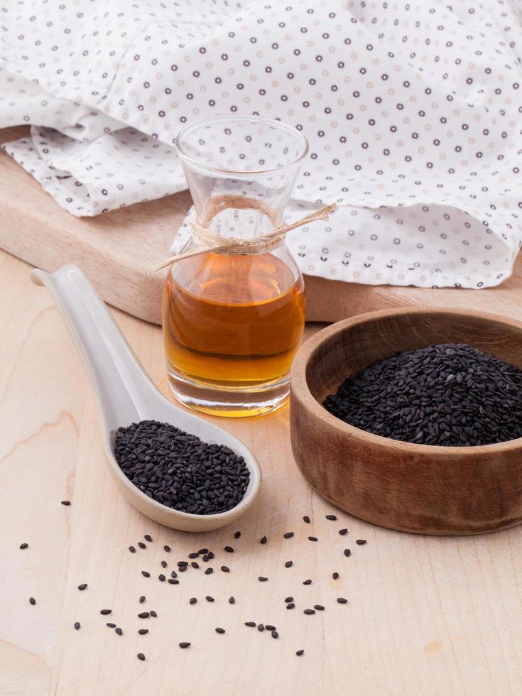 Black sesame oil on wood photo