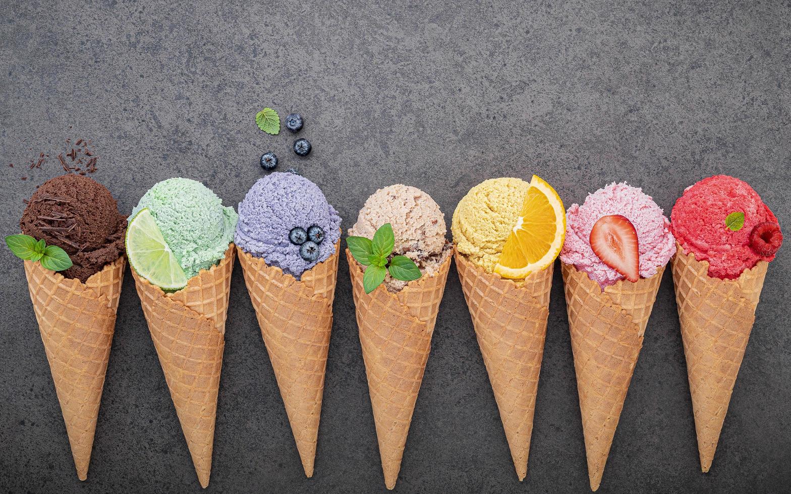 Ice cream cones on a gray background photo