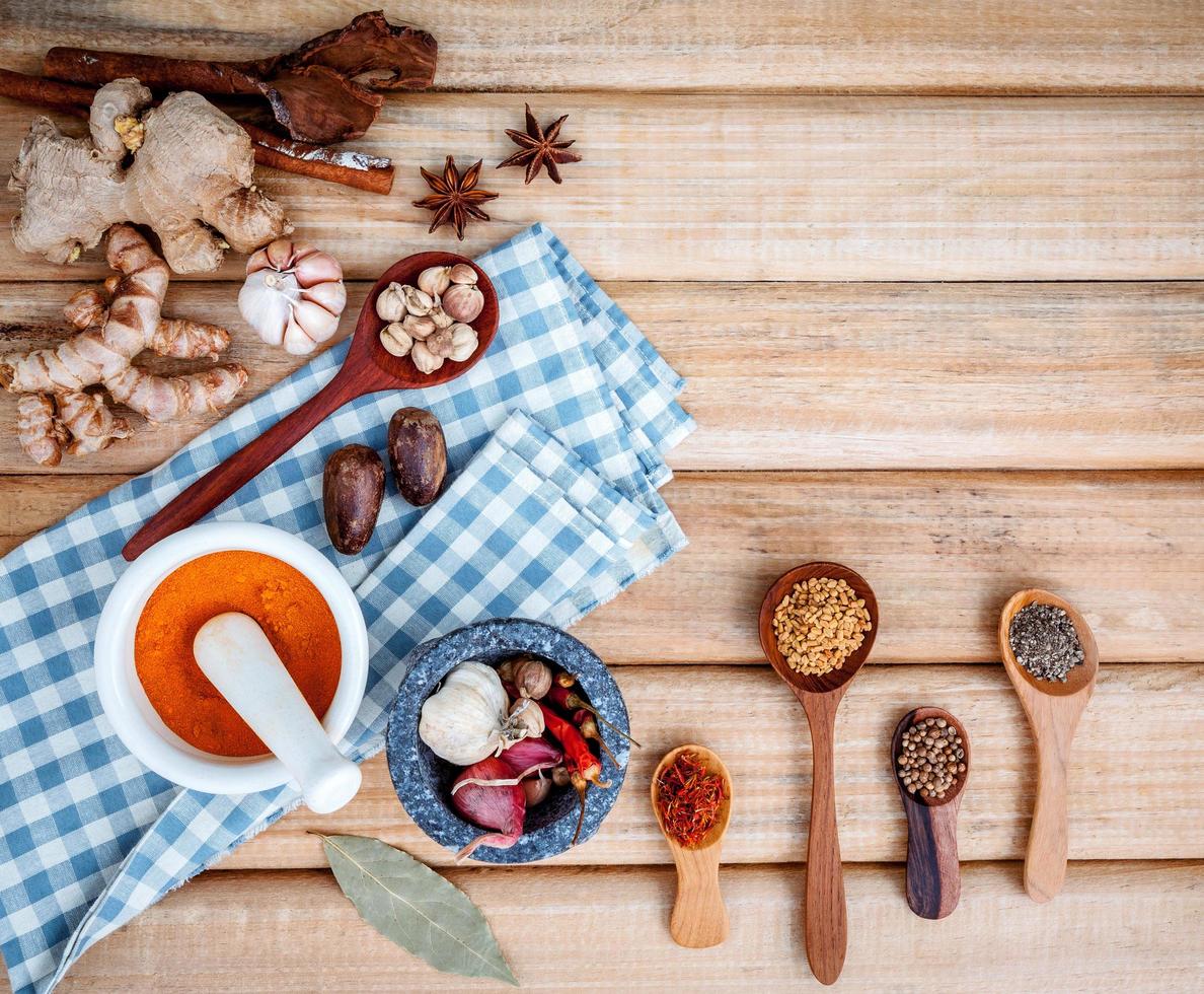 Top view of cooking ingredients with herbs and spices photo