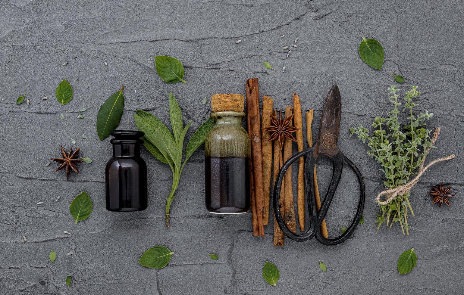 Bottle of essential oil with fresh herbs and pruning scissors photo