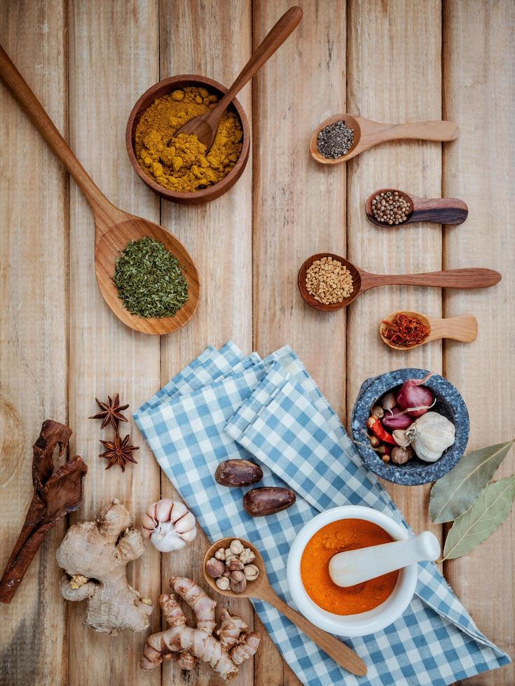 Top view of dried herbs and spices photo