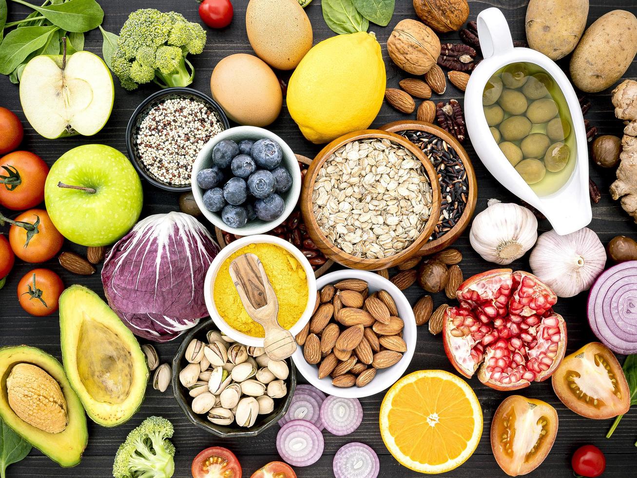 Top view of fresh food on a dark background photo