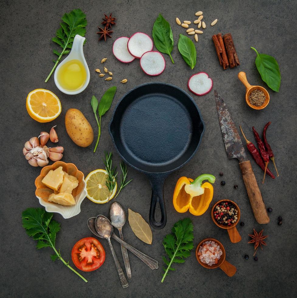 Flat lay of a frying pan and ingredients photo