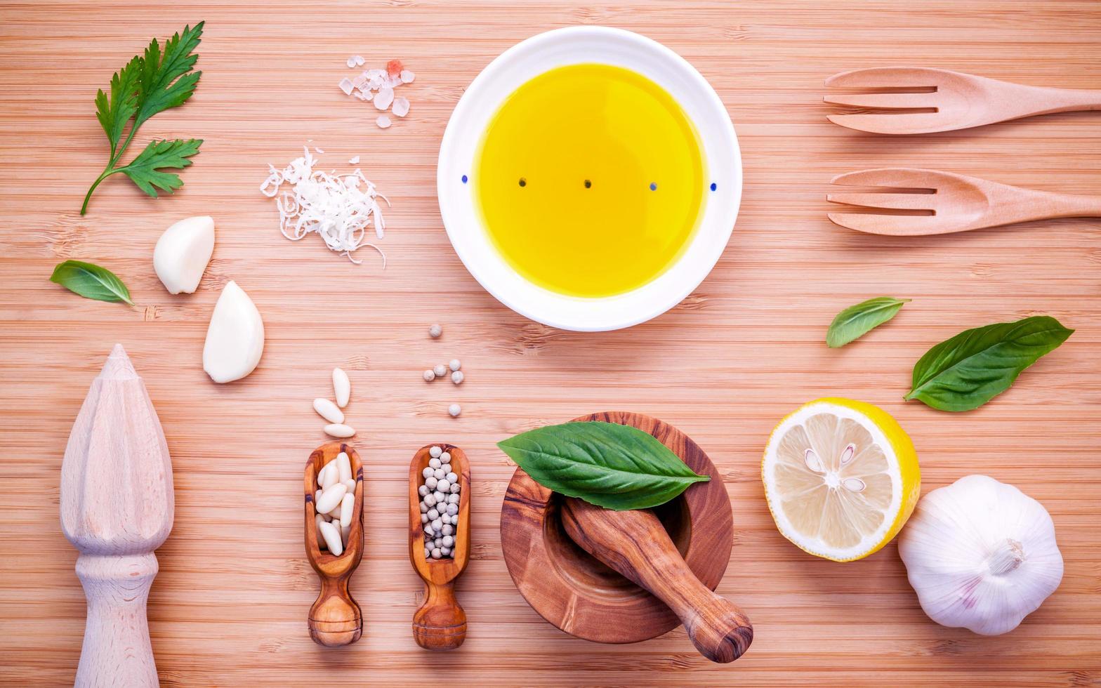 Fresh ingredients for pesto sauce photo