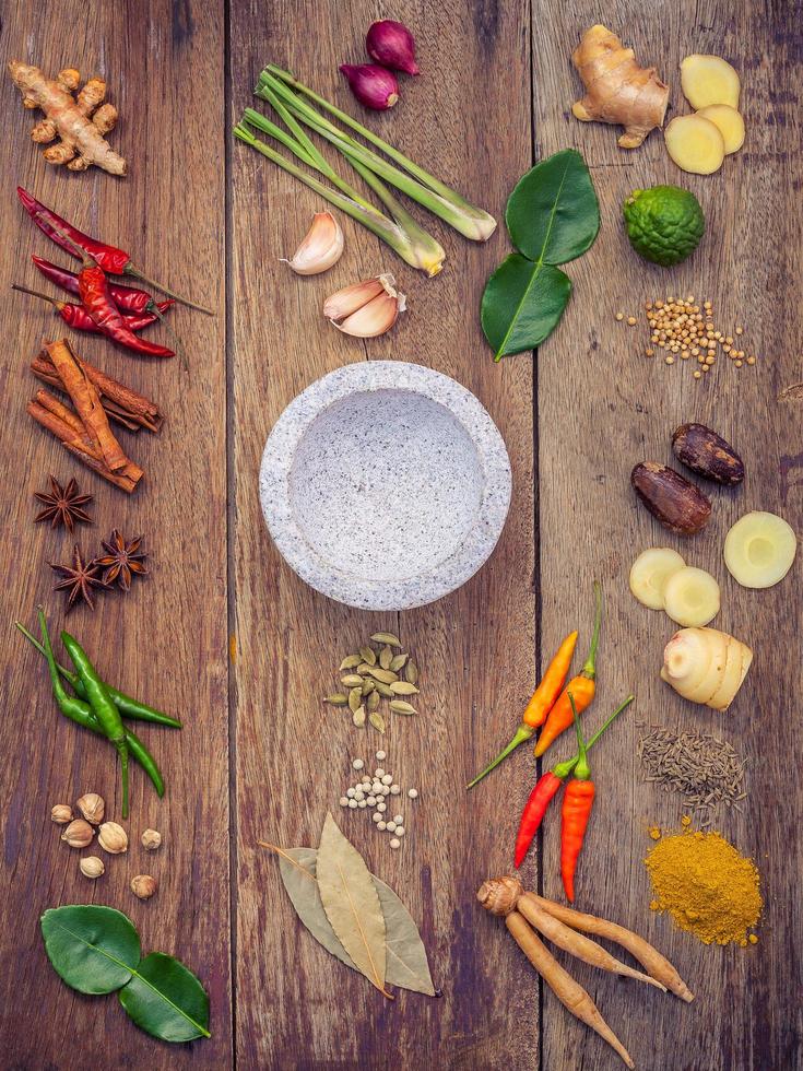 Top view of spices and herbs with a mortar photo