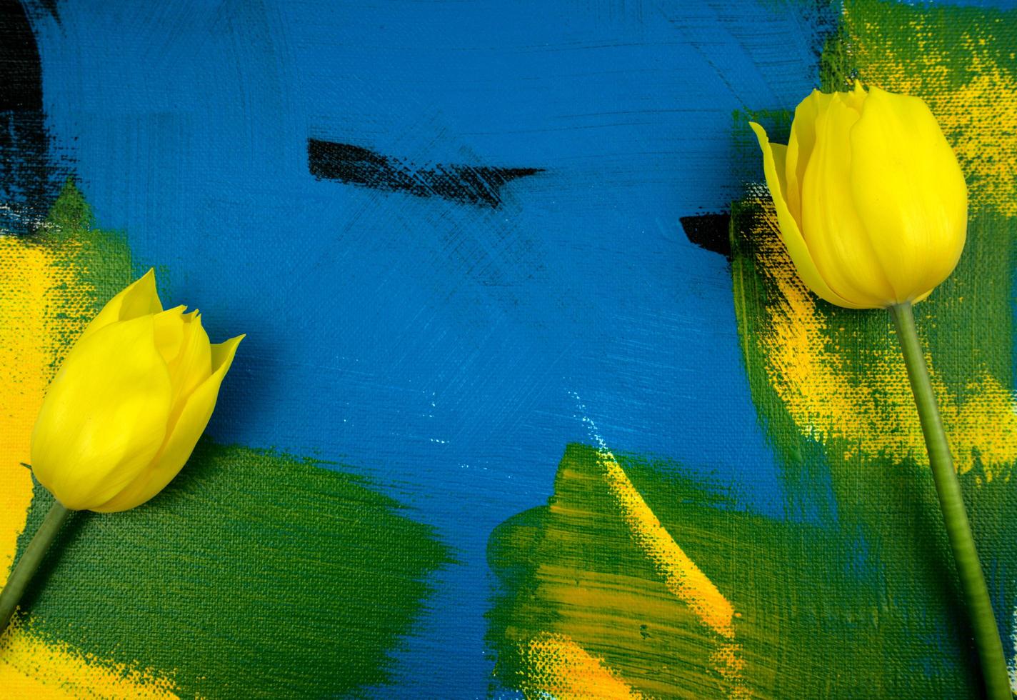 Yellow tulips with eucalyptus leaves photo