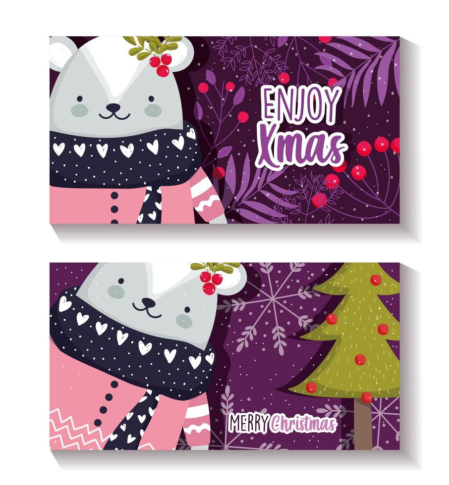 Merry Christmas card set with happy bear vector