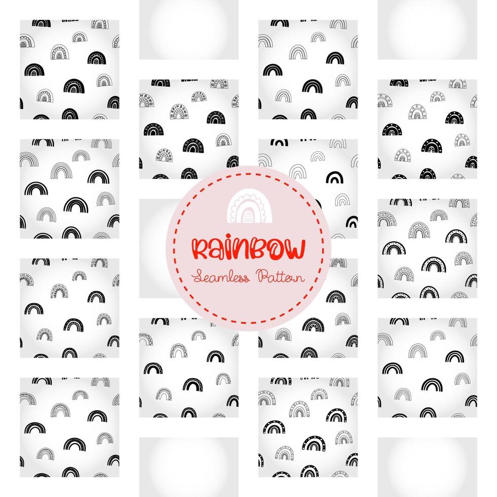 Rainbow seamless pattern, black and white hand-drawn arc doodle digital paper, abstract rainbows repeating background, the monochrome band of color vector wallpaper, cute bow decorative element