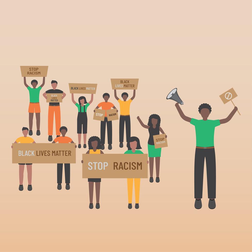 Black life matters stop racism many people are standing with banners vector