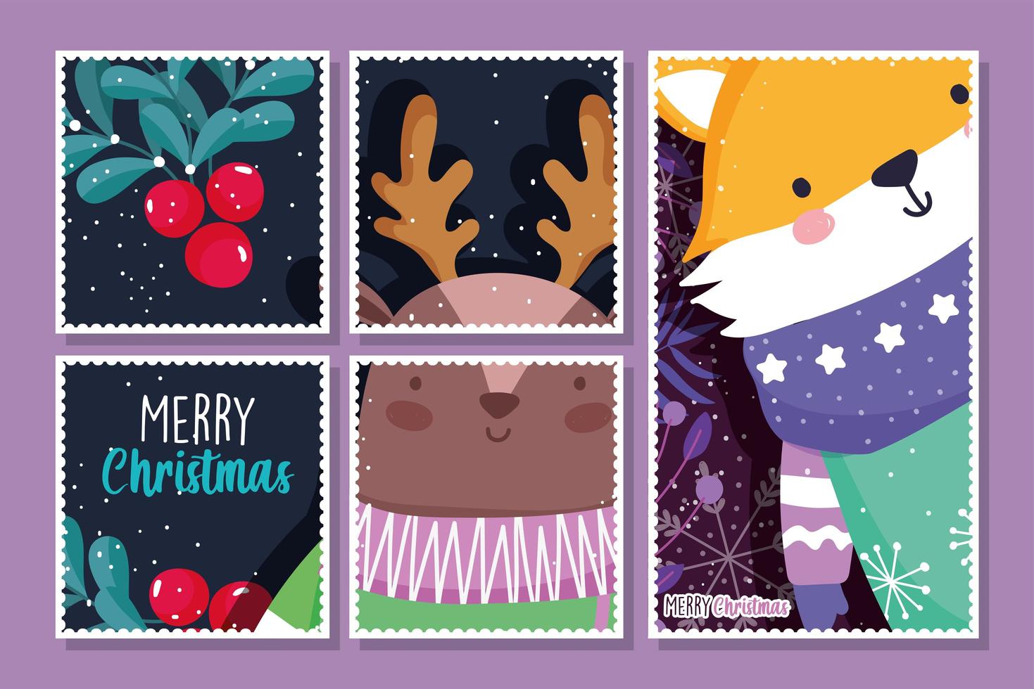 Merry Christmas card set with winter animals vector