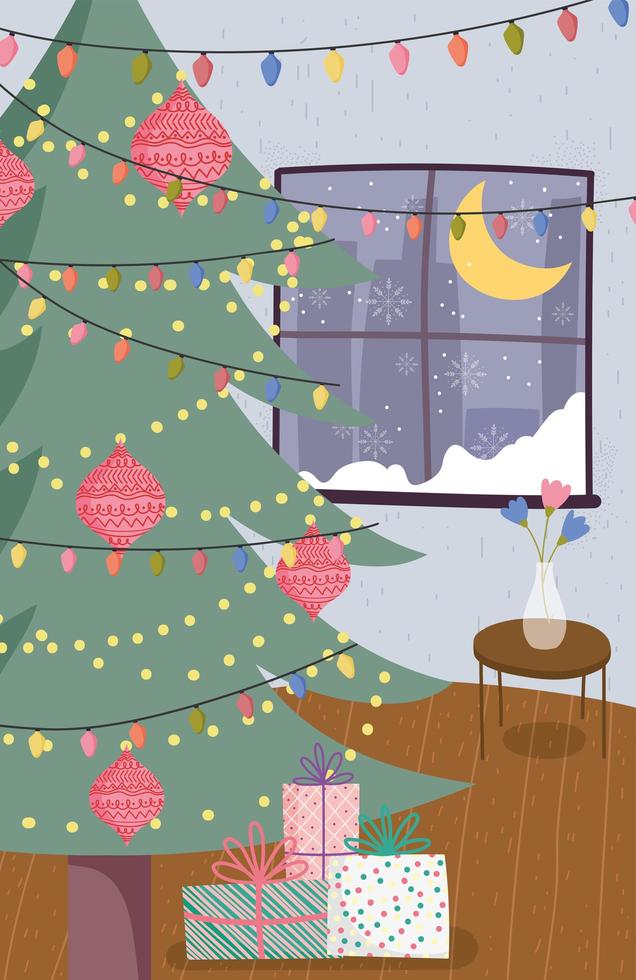 Merry Christmas poster with cute xmas tree at home vector