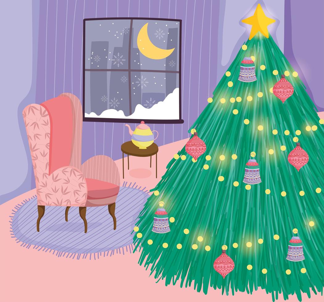 Merry Christmas poster with cute xmas tree at home vector