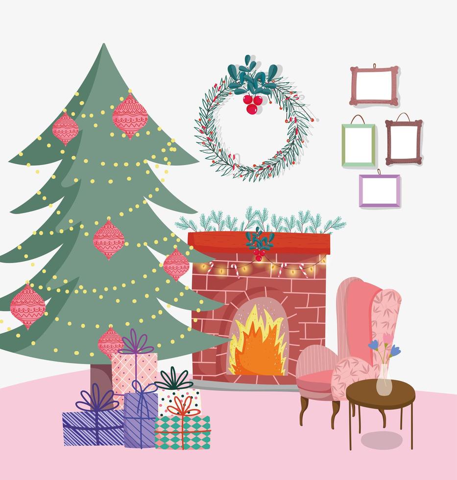 Merry Christmas poster with cute xmas tree at home vector