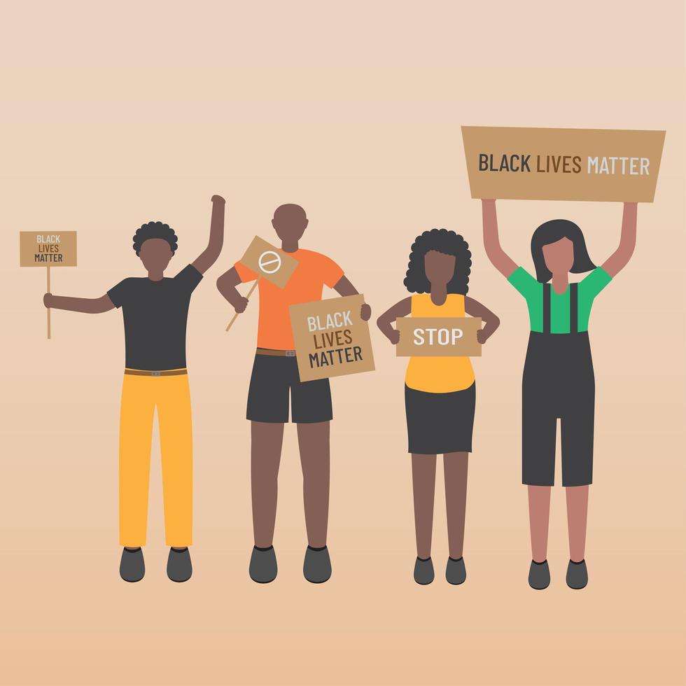 la vida negra importa detener el racismo un grupo de hombres y mujeres con carteles vector