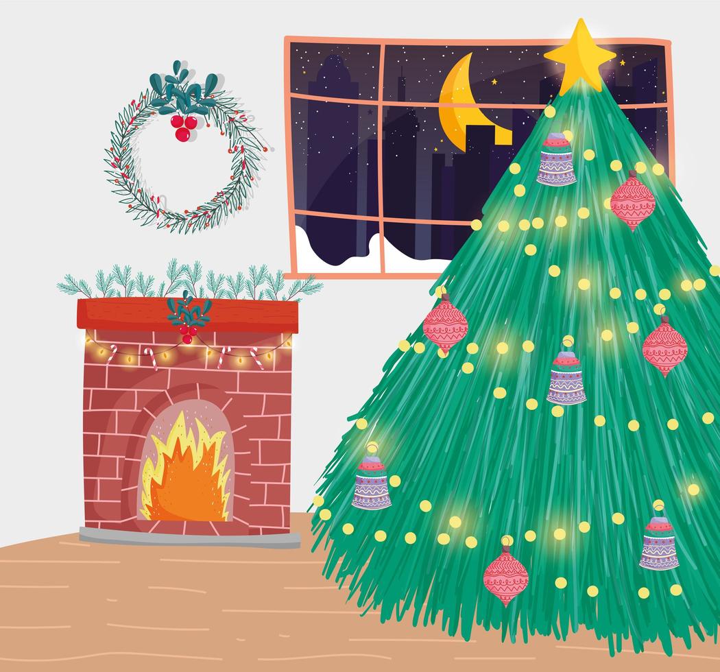 cartel de feliz navidad con lindo árbol de navidad en casa vector