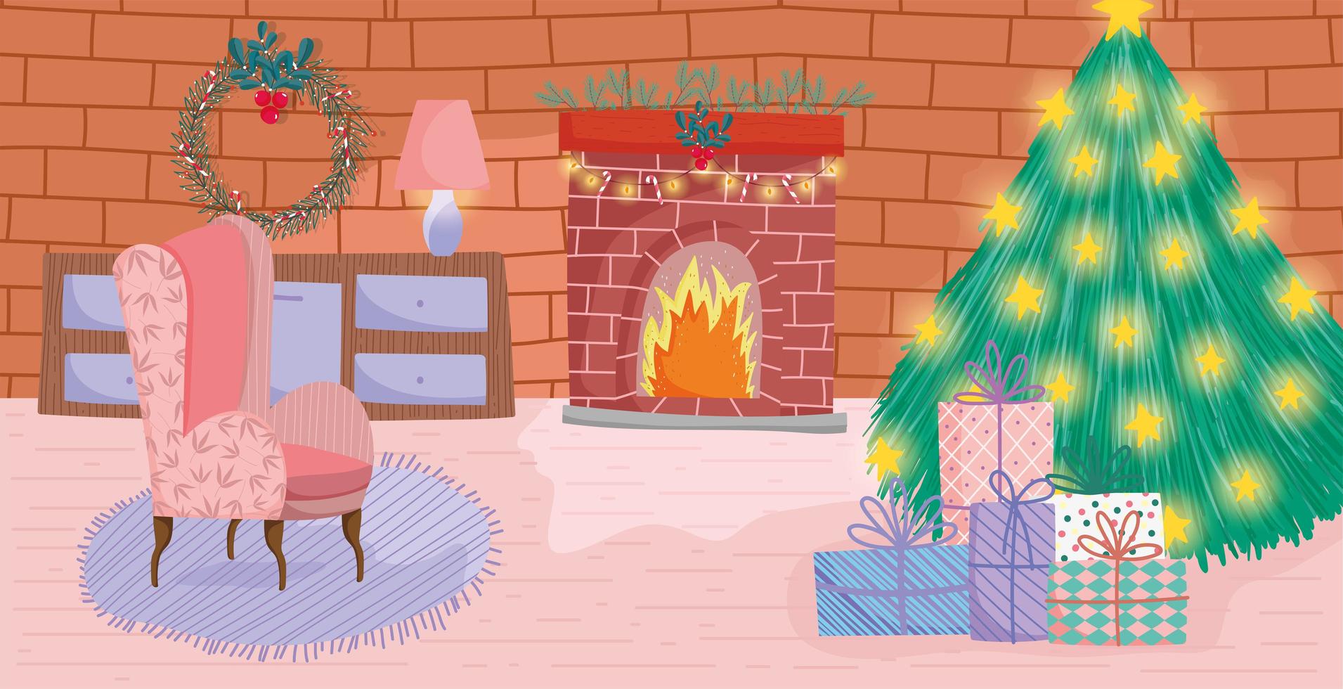 Merry Christmas poster with cute xmas tree at home vector