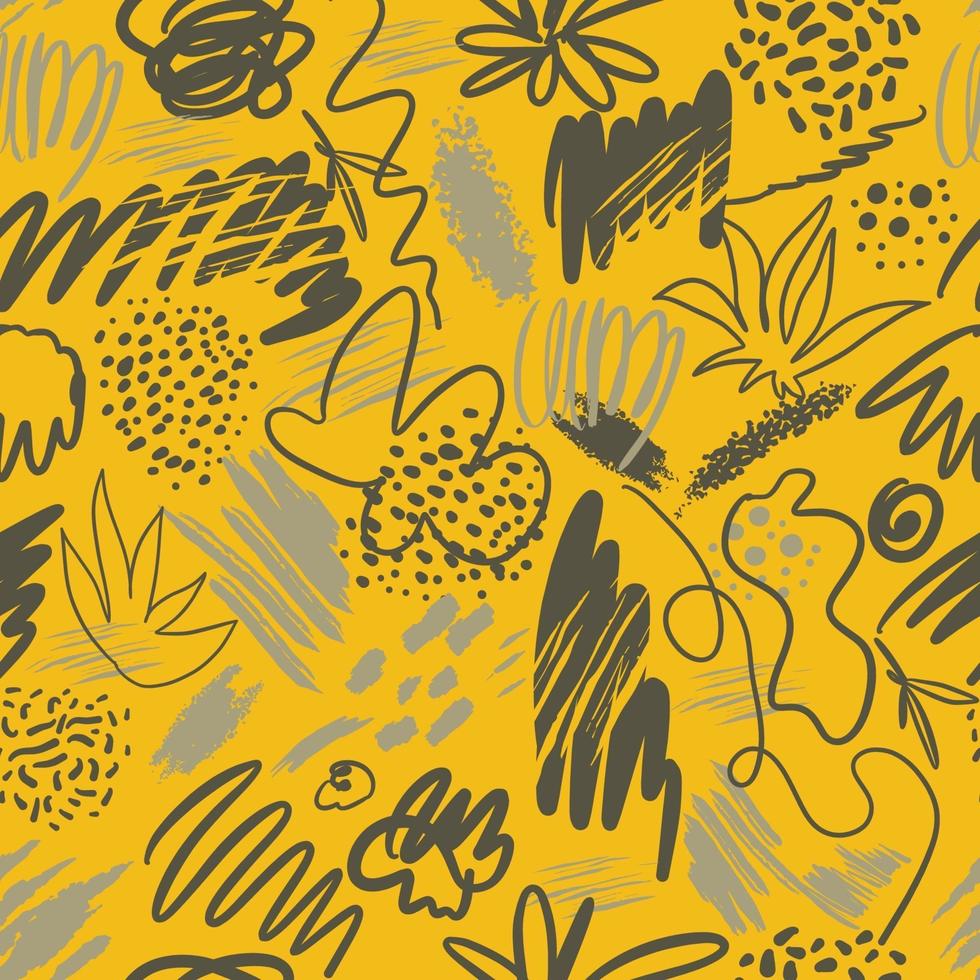 Abstract vector illuminated yellow and ultimate gray textured hand drawn scribble shape seamless print pattern. Trendy texture for textile design, wrapping paper, surface, wallpaper, background.