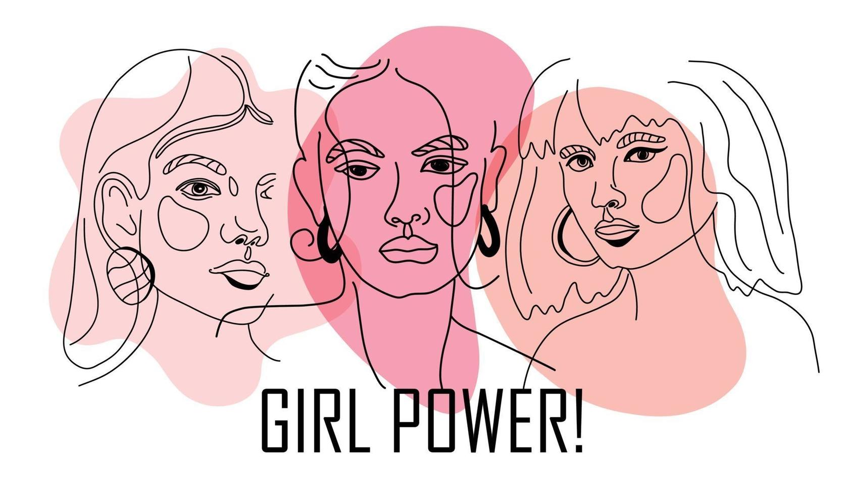 Girl power, empowered women, international feminism ideas poster concept. Linear trend illustration of women s faces in trendy style. Women Rights and diversity vector illustration.