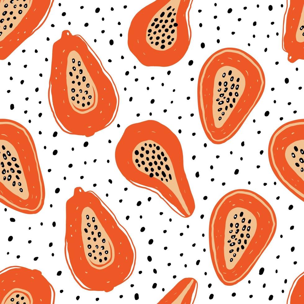 patrón de colores con rodajas de papaya, maracuyá en blanco. trozos de frutas exóticas dibujados a mano en el fondo repetido. adorno afrutado para estampados textiles y diseños de telas. vector