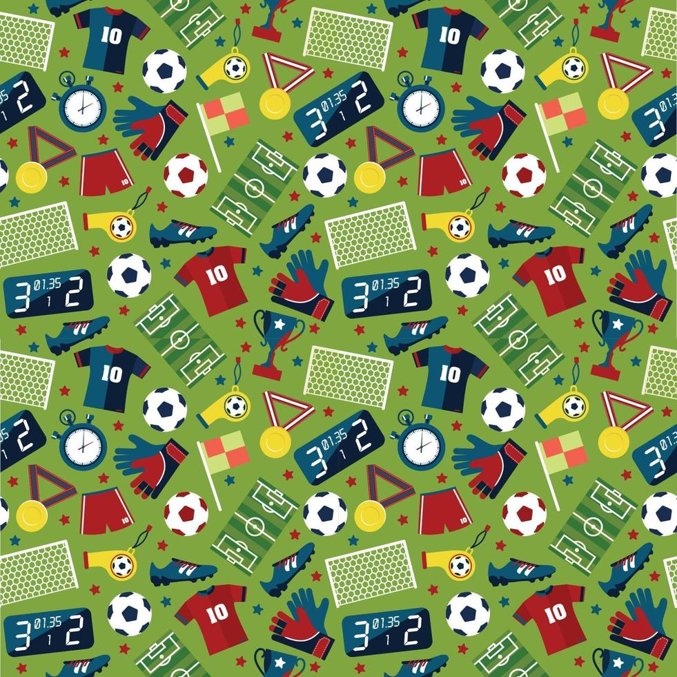 Vector flat seamless texture pattern sport soccer on green background