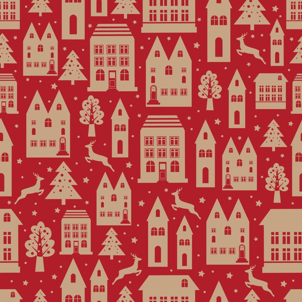 Ancient city seamless color pattern with old buildings for wallpaper or background design on red. Christmas and new year winter background. vector