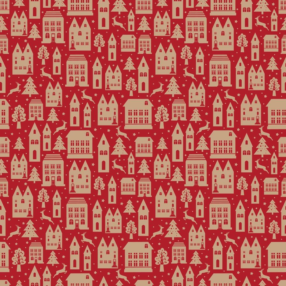 Ancient city seamless color pattern with old buildings for wallpaper or background design on red. Christmas and new year winter background. vector