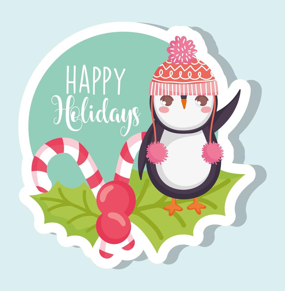 lindo pingüino para la etiqueta de celebración de navidad vector