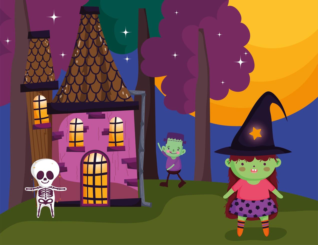 feliz halloween, truco o trato con lindos personajes vector