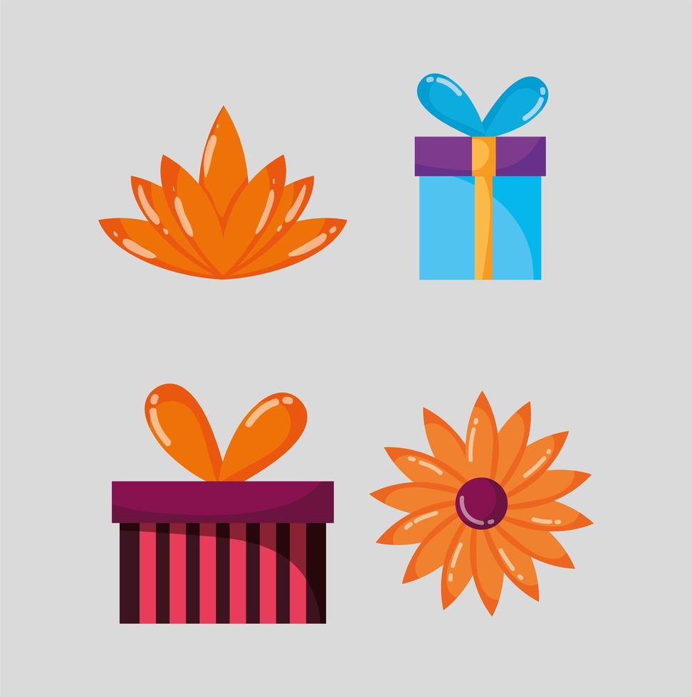 conjunto de cajas de regalo y flores. vector