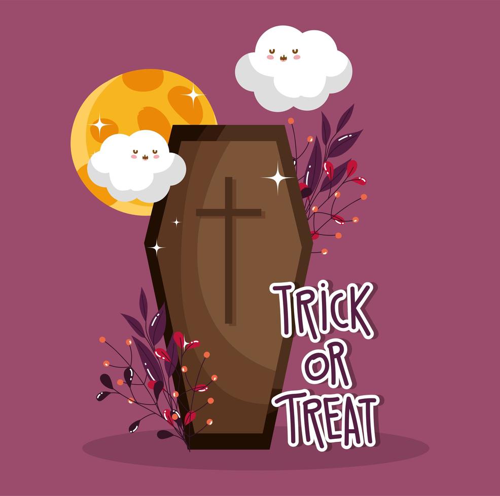 Happy halloween, trick or treat spooky coffin vector