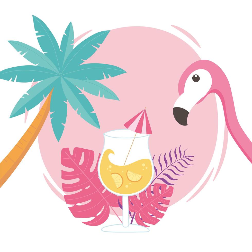 flamingo bird, cocktail and palm tree with exotic tropical foliage vector