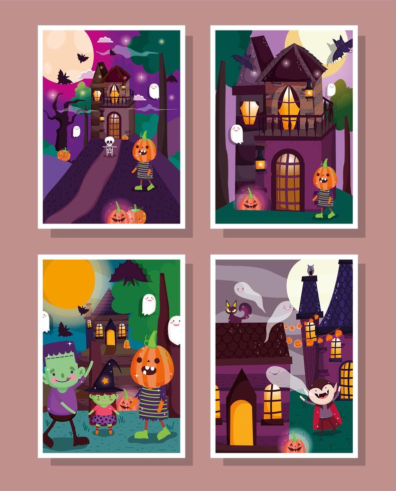 feliz halloween, juego de tarjetas de truco o trato vector