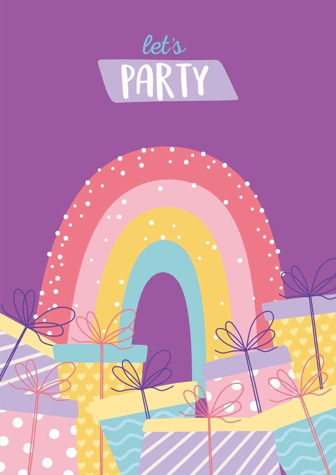 Colorful birthday card with gifts and rainbow vector